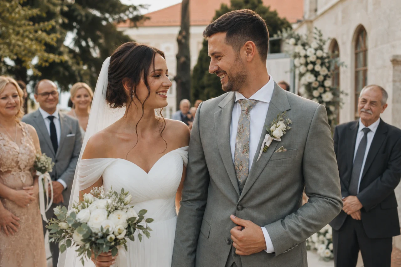 Mladenci razmenjuju pogled posle ceremonije u Vojvodini